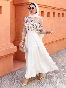 Elenzga Vestido largo con escote asimétrico de estilo francés elegante, borde acampanado, bordado de malla, para uso versátil diario, primavera/verano - Albaricoque - Ver 3