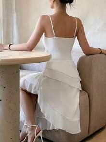 Cévolie 2026 女士纯色荷叶边垂褶领口层叠荷叶边下摆优雅吊带连衣裙 - 米色 - 查看 2