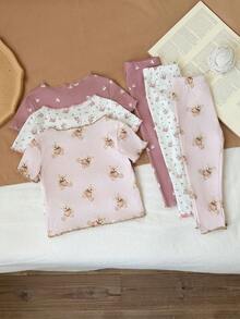 SHEIN LMoss Kids 女婴可爱卡通熊和花卉印花荷叶边圆领短袖上衣和裤子六件套休闲舒适针织睡衣套装 - 彩色 - 查看 2
