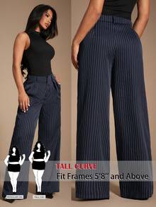 SHEIN Tall CURVE CURVE Plus Size Women's Tall Striped Wide Leg Pants,Navy Blue,Autumn,Casual,Elegant,Bussines,Formal High-Waisted Straight Office Ceremony Long Pants - Navy Blue - View 3