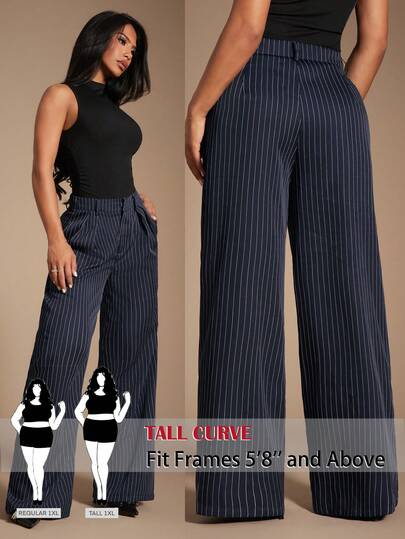 SHEIN Tall CURVE 大码女式休闲条纹阔腿直筒裤