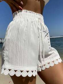 Swim Vcay Quần short nữ màu trắng ren họa tiết cây dừa thắt nơ, kiểu dáng thường ngày, thích hợp cho kỳ nghỉ, đi biển, che phủ khi đi nghỉ mát. - trắng - Xem 3