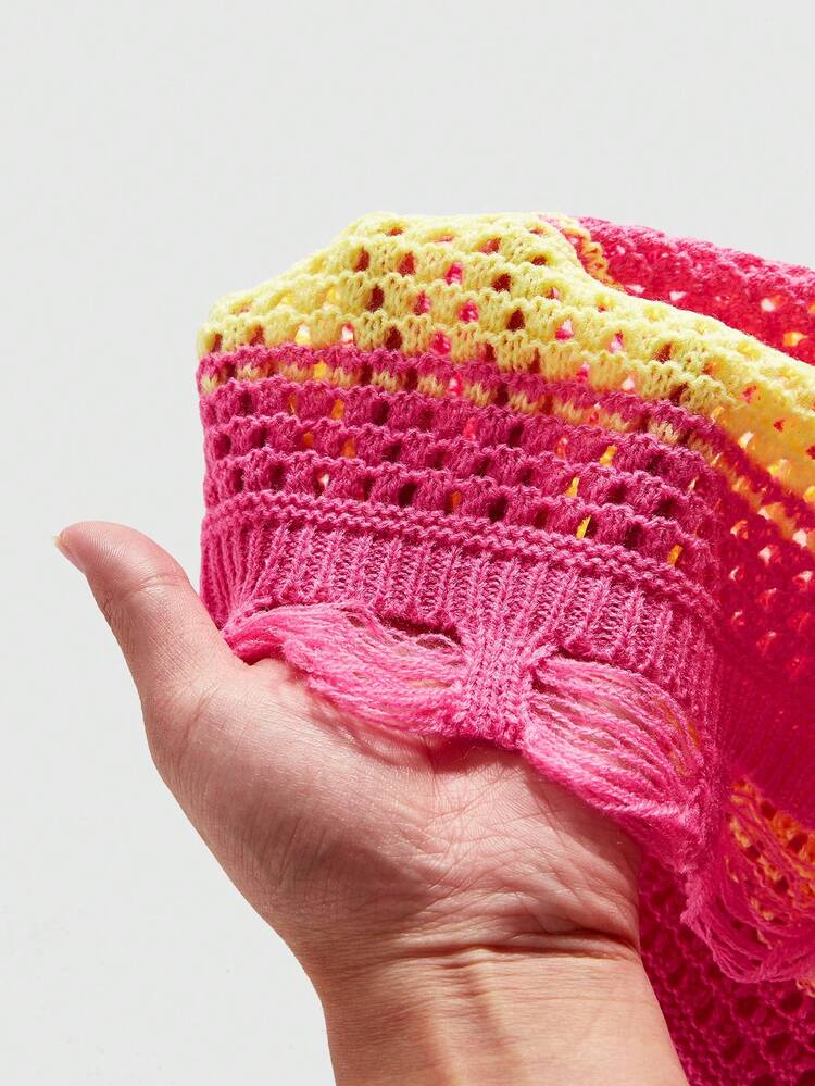 ROMWE MEN Men's Embroidered Hollow Striped Loose Knit Short Sleeve T-Shirt, Knit Top - Pink - View 7