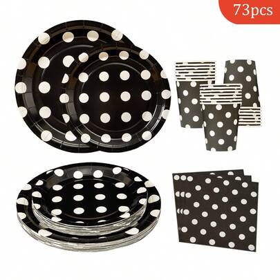 Black Background White Polka Dot Disposable Dining Plate Napkins Paper Cups, Disposable Party Supplies Set, Suitable For 16 Guests, Suitable For Birthdays, Weddings, Theme Parties, Family Picnics, Disposable Dining Plate Party Utensils