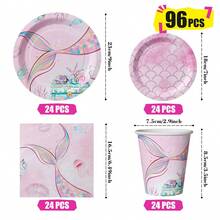 粉色美人鱼海底主题一次性餐盘、餐巾纸和杯子，派对用品套装，可供 24 人使用，一次性纸质派对餐具，适合生日、婚礼、主题派对、家庭野餐。 - 查看 2