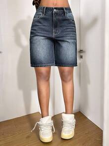 StreetHx Quần short denim in họa tiết phong cách đường phố thường ngày dành cho nữ. - Rửa tối - Xem 6