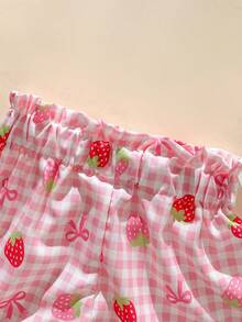 SHEIN Playful Pals Bộ 2 món cho bé gái sơ sinh/trẻ nhỏ 0-3 tuổi, mùa xuân hè, kiểu dáng thường ngày dễ thương, họa tiết mèo hoạt hình ăn dưa hấu, áo thun tay ngắn và quần short màu hồng hình trái tim. - Hồng - Xem 6