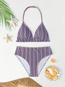 SHEIN 少女比基尼套装，挂脖碎花针织面料泳衣，两件式三角比基尼，时尚休闲优雅泳装，适合游泳、夏季度假、海滩、泳池、节日派对，挂脖比基尼可调节，双面条纹比基尼 - 橘色 - 查看 3