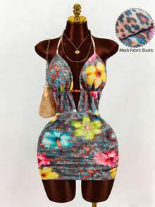 GlowEve Women's V-Neck Backless Tie Waist Ruched Bodycon Mini Dress, Sexy Fashion Summer Outfit For Party, Date, Afternoon Tea, Beach Vacation Leopard Flower Print - Multicolor - View 1