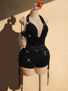SHEIN ICON Mono de talla grande con unicolor, cuello halter, decoración metálica y espalda descubierta - Negro - Ver 4