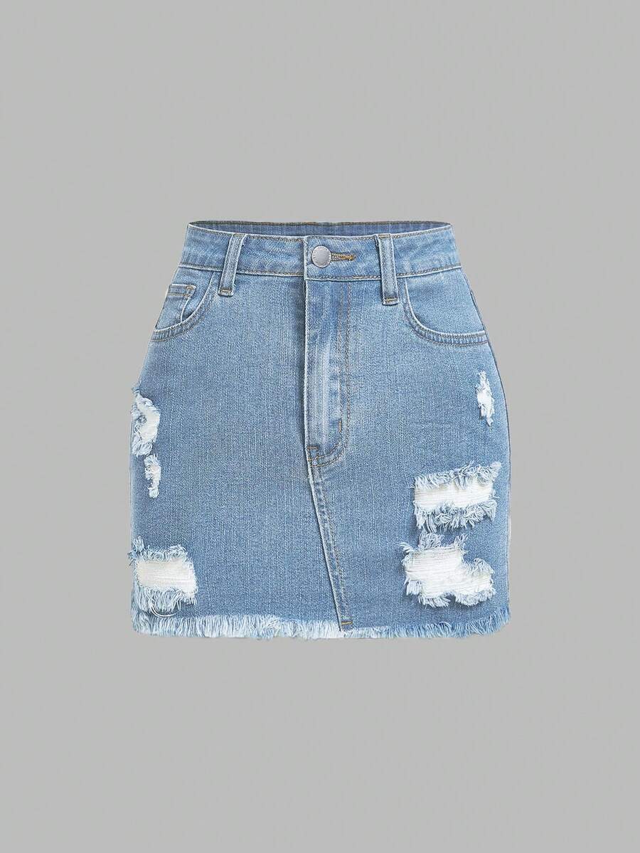 SHEIN MOD Plus Size Women Summer Casual Fashionable Street Chic Daily Commute Distressed Frayed Hem Short Denim Skirt - Light Wash - View 1