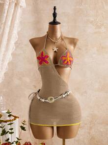Bellisia Women's Floral Applique Hollow Out Neck Tie Dress Cover Up - Khaki - View 4