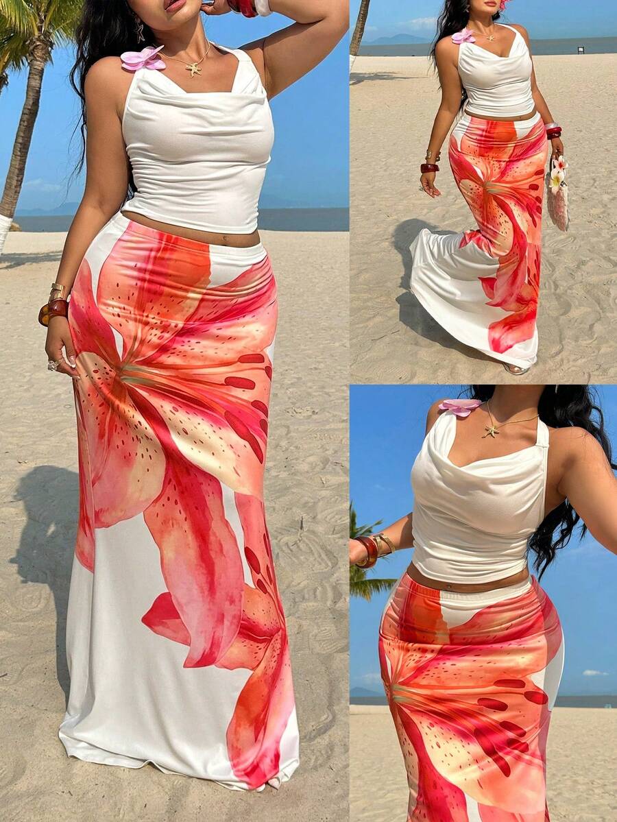 Sunnyshic Spring & Summer Vacation Beach Spaghetti Strap Floral Print Camisole And Mermaid Skirt 2-Piece Set For Women - White - View 1