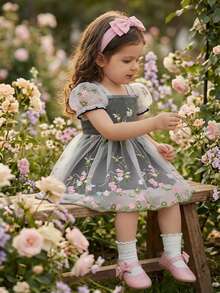 SHEIN Glamorique Kids 0-3岁女婴春夏优雅公主风碎花网纱泡泡袖粉色连衣裙，适合幼儿的春季连衣裙，女婴派对礼服，泡泡袖连衣裙，碎花连衣裙，派对女婴礼服，公主裙，生日礼服，蝴蝶连衣裙 - 黑色 - 查看 3
