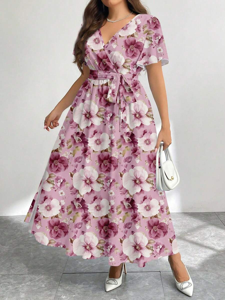 Modelyn Casual Minimalist Retro Floral Pattern Loose Plus Size Dress, Suitable For Autumn/Winter - Multicolor - View 1