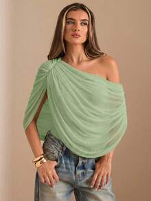 SHEIN BAE Autumn/Winter Solid Brown/Coffee Off Shoulder Ruched Fitted Elegant Bodysuit, Tight-Fitting Graceful Fitted Bodysuit, Draped Top - Mint Green - View 4