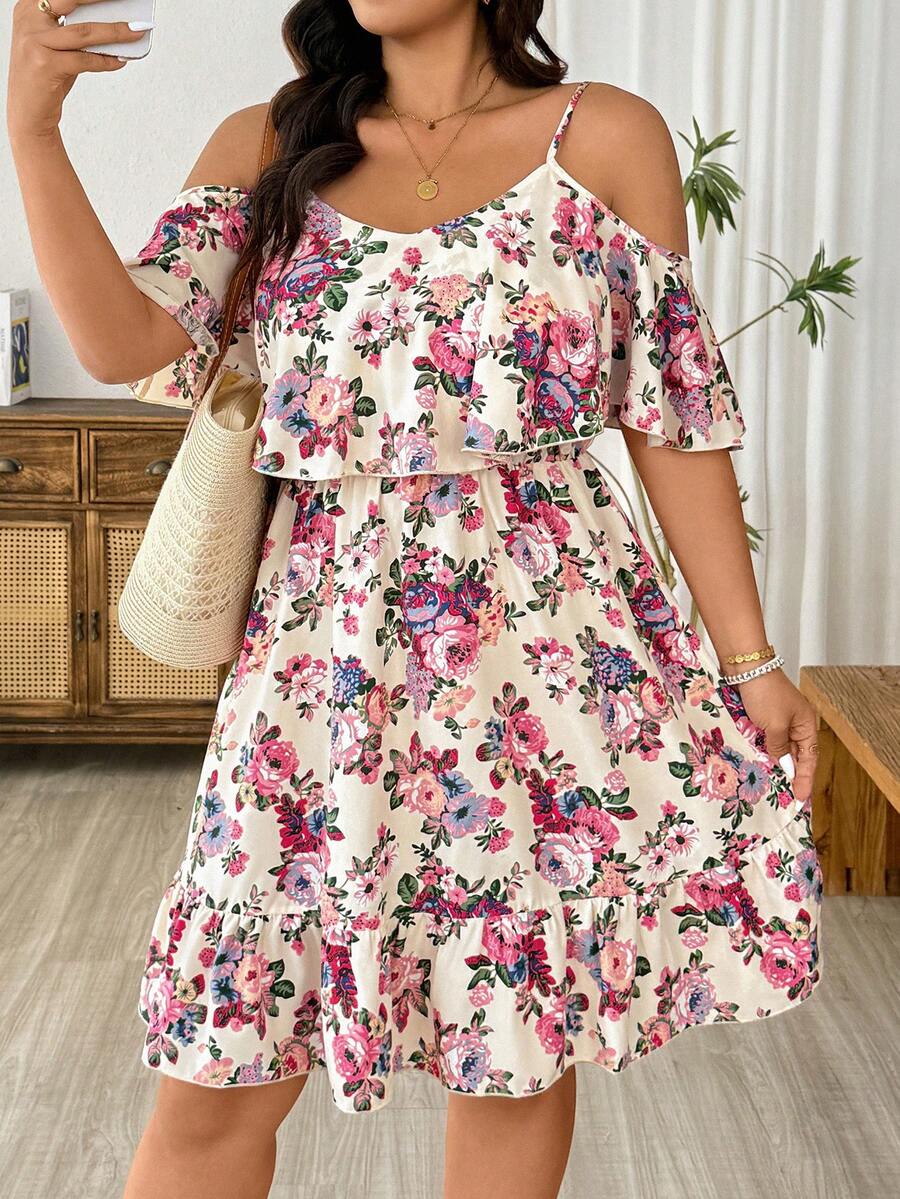 EMERY ROSE Plus Size Woven Elegant Printed Summer Women's Dress For Vacation - Pink - View 1