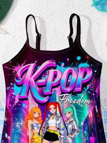 Cartoon Girl Portrait Casual Minimalist Design,Vibrant Colors,K-Pop Superstars,Group Swimsuit Print Pattern,One-Piece Suitable For Summer - Multicolor - View 3