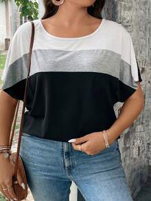 SHEIN LUNE Plus Size Contrast Color Crew Neck Casual Short Sleeve T-Shirt, Fall Women Tops Purple - Multicolor - View 6