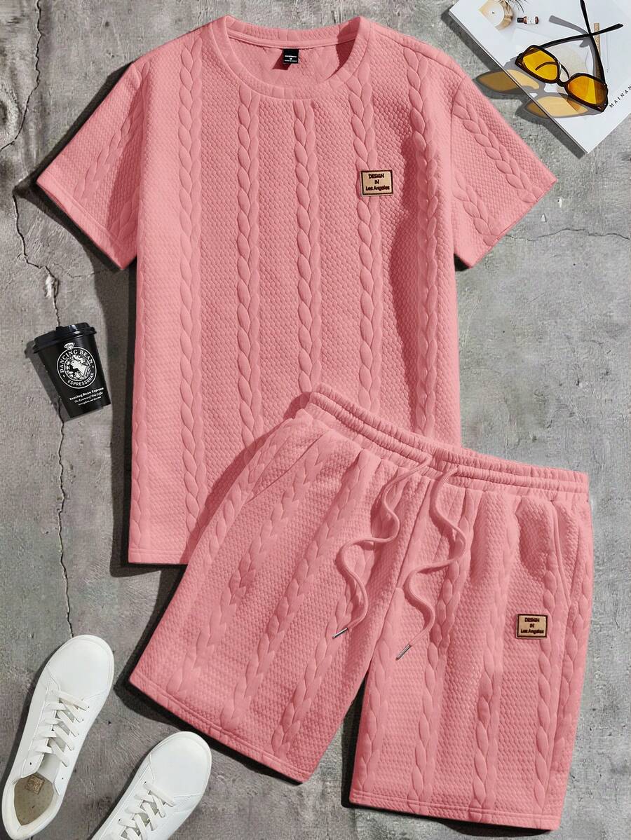 AXEPEAK Men's Applique Round Neck Short Sleeve T-Shirt And Drawstring Waist Shorts Knit Casual 2-Piece Set - Watermelon Pink - View 1