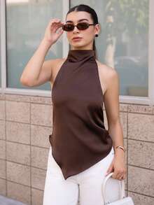 Andrea Bello Blusa de mujer con cuello halter y espalda descubierta, elegante para fiestas, ir al trabajo y vacaciones, de verano - Marrón - Ver 3