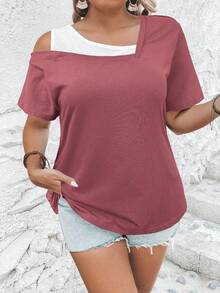 EMERY ROSE Plus Size Summer Casual Contrast Color Asymmetric Collar T-Shirt - Redwood - View 1