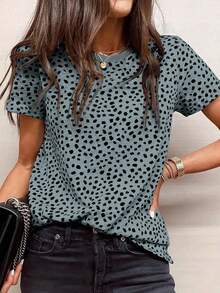 SHEIN CURVE+ Áo thun nữ cỡ cực lớn, tay ngắn, cổ tròn, kiểu dáng thường ngày, thoải mái, in họa tiết chấm bi. - Nhiều màu - Xem 1