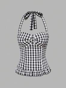 ROMWE Avant 女士浪漫度假风格波尔卡圆点和格子露背挂脖背心套装 - 彩色 - 查看 3