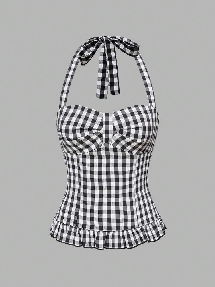 ROMWE Avant Spring/Summer Valentine's Day Women's Romantic Vacation Style Polka Dot & Plaid Backless Halter Neck Tank Top Sets - Multicolor - View 3