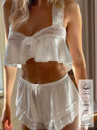 Cévolie Bộ đồ ngủ mới về kiểu Pháp thanh lịch gồm áo hai dây và quần short phối ren, bộ 2 món gợi cảm, thoải mái với chất liệu chiffon viền ren, bộ 2 món áo hai dây và quần short ren, thích hợp mặc hàng ngày, dự tiệc, đi nghỉ mát, lễ hội mùa hè.