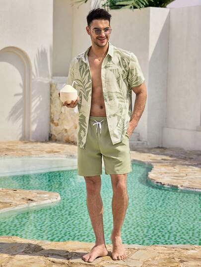 Mercer Haus 男士热带植物印花短袖衬衫和短裤沙滩套装男士泳裤度假套装，夏威夷风情，适合在夏威夷享受夏季热带假期。
