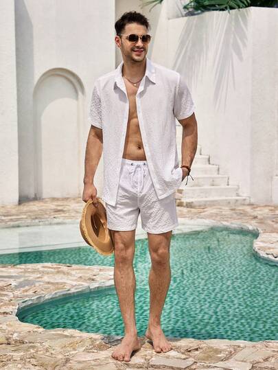 Mercer Haus 男士休闲纯色短袖衬衫和短裤沙滩套装，简约时尚，适合日常穿着，男士泳裤，适合夏季在夏威夷的热带度假。