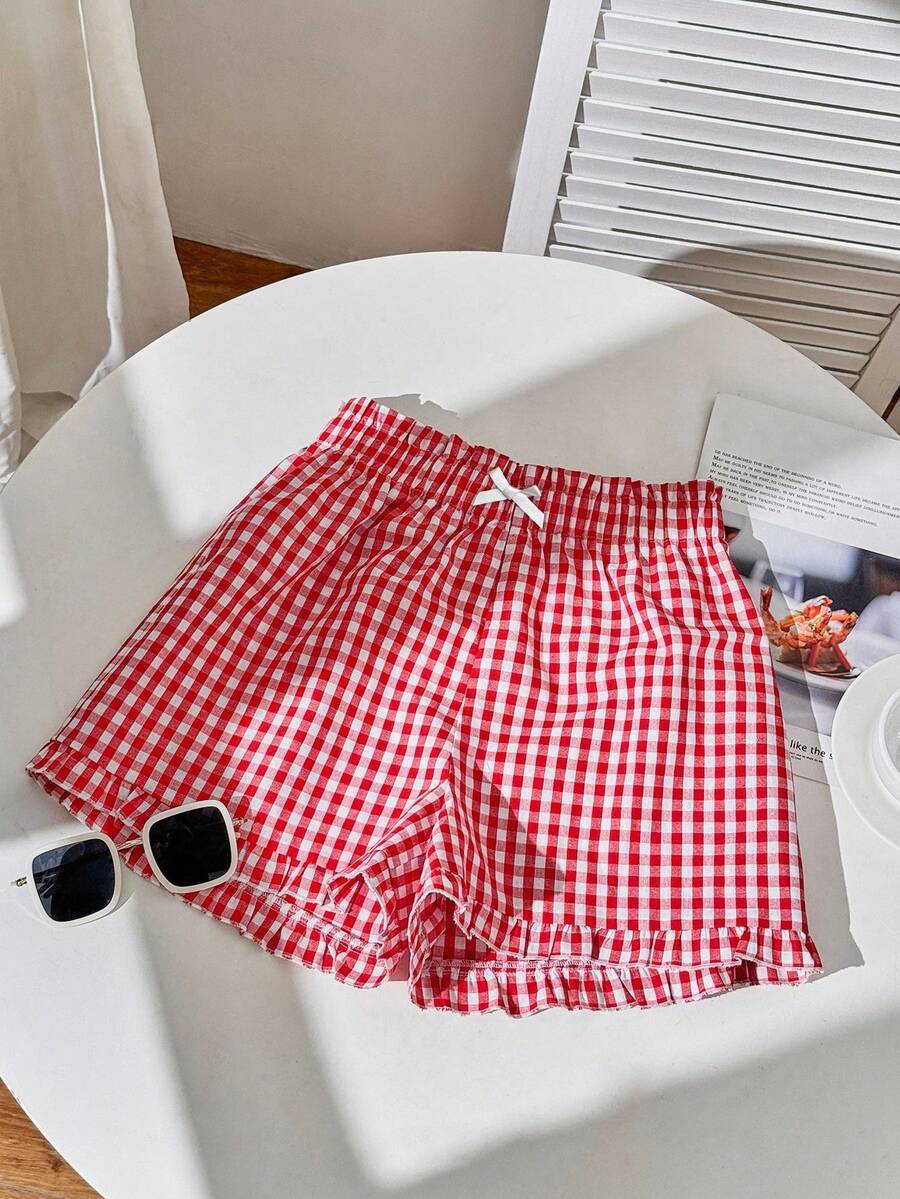 SHEIN Comfortcana Casual Cute White Bow Decor Plaid Ruffle Hem Shorts For Women, Suitable For Summer - Multicolor - View 1
