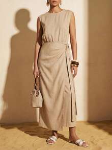 Zivah 春夏新款音乐节、复活节、圣帕特里克节、情人节、约会、西部风、游牧风、生日派对、毕业典礼、学院风、学生装、日常穿着、百搭基础款、休闲装、度假、邮轮旅行、海滩、日光浴、爆款、街头风、婚礼宾客、通勤、早午餐、机场、派对、假日郊游、办公室穿着 无袖圆领系腰木纽扣装饰长款裹身亚麻棕色连衣裙 - 棕色 - 查看 8