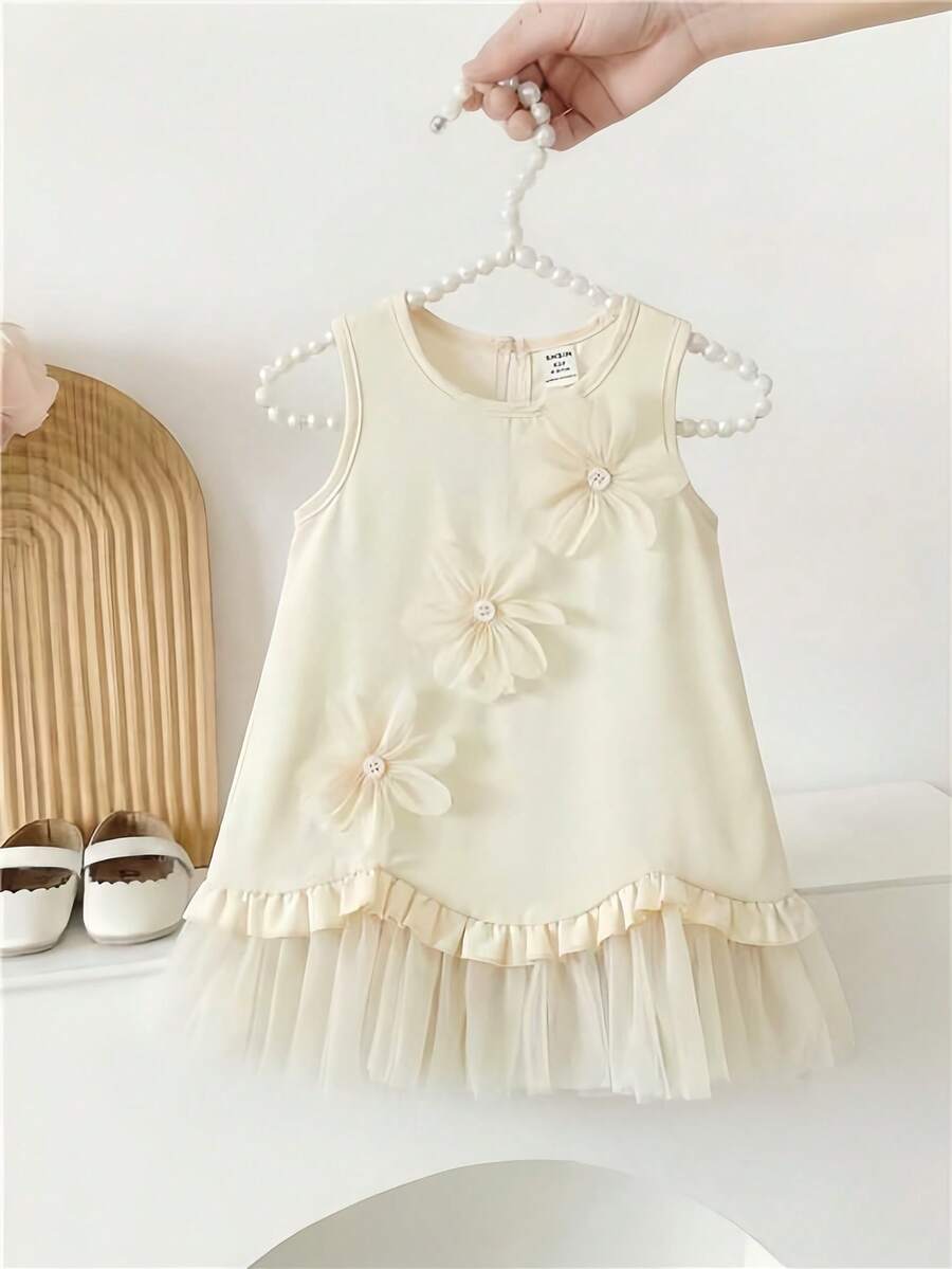 SHEIN 女婴浅桃色背心撞色网纱碎花可爱连衣裙,适合优雅日常、度假、通勤穿着 - 杏色 - 查看 1