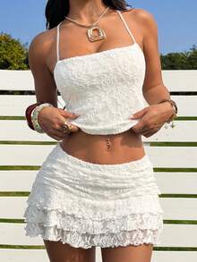 SHEIN EZwear 2pcs/Set Women White Jacquard Top & Mini Skirt - White - View 8