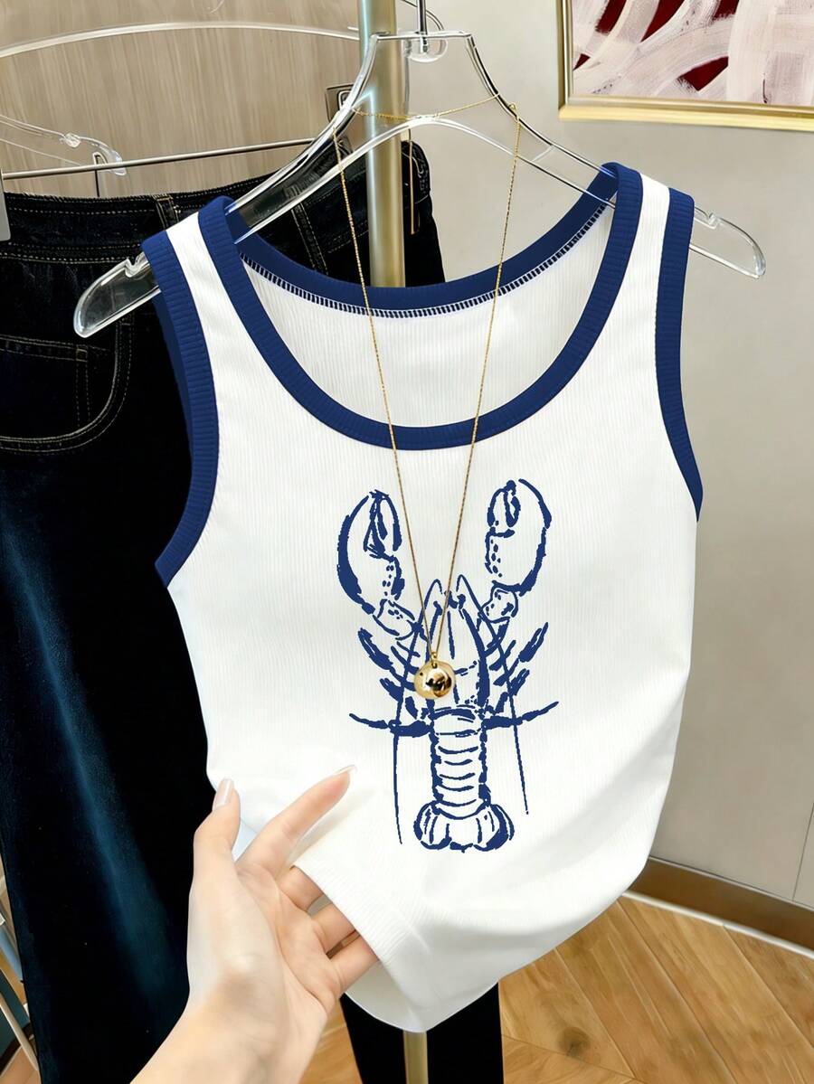 Resyla Áo tank top lửng phối màu dành cho nữ với họa tiết tôm hùm dễ thương. - trắng - Xem 1