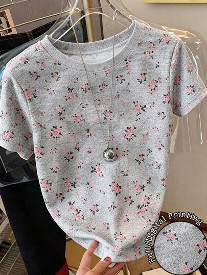 Resyla Women's Casual Ditsy Floral Round Neck Short Sleeve T-Shirt, Summer