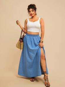 Travachic Plus Size Solid Color High Slit Elastic Waist Denim Skirt - Medium Wash - View 6