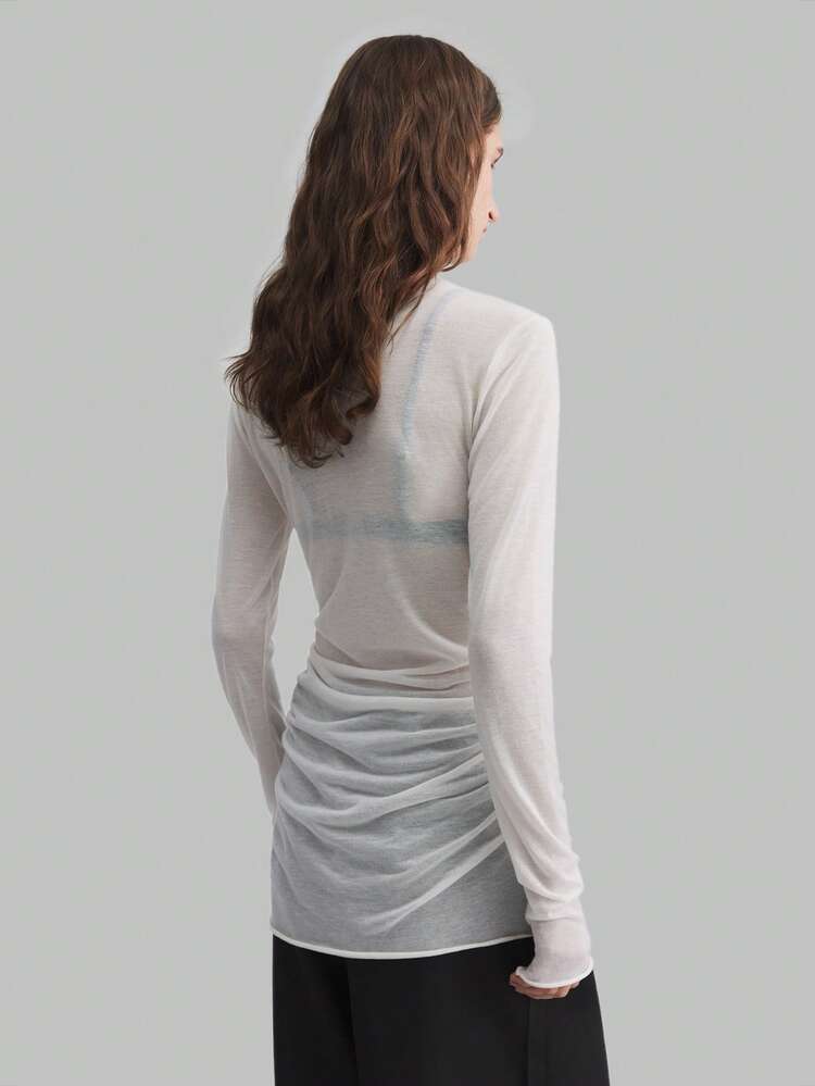 Women's Off-White Autumn Elegant Everyday Long Sleeve Round Neck Knit T-Shirt,Semi-Sheer Waist Ruched Mid-Length Top,Business Casual Modern Outfit