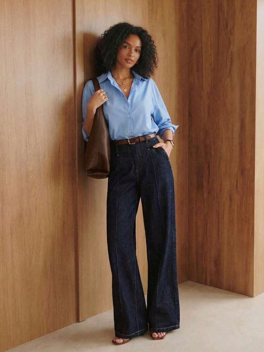 Daynim 纯色纽扣衬衫 - 藍色 - 查看 1