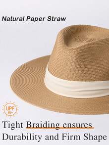 Lumivelle 1pc Women's Colorblock Fashionable Summer Sun-Shielding Versatile Woven Jazz Hat, Straw Hat - Khaki - View 5