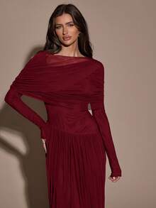 SHEIN BAE 女士优雅撞色网纱荷叶边长袖连衣裙，春夏款 - 酒紅色 - 查看 5