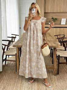 Louniche Đầm dài dáng rộng cho nữ, họa tiết thời trang, tay bồng, kiểu dáng thường ngày thoải mái cho kỳ nghỉ hè, đa năng cho cả mặc hàng ngày và đi chơi. - Màu Khaki - Xem 1