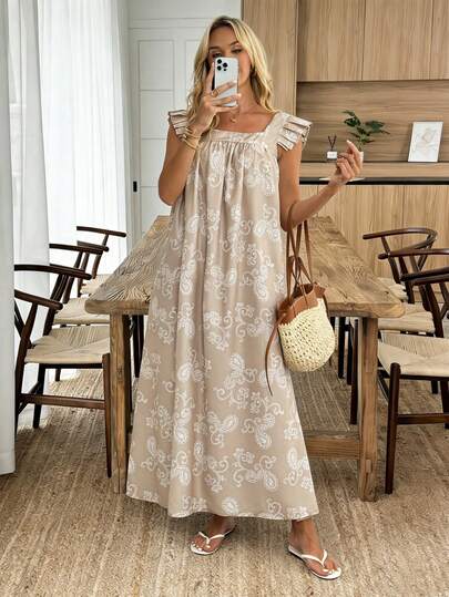 Louniche Đầm dài dáng rộng cho nữ, họa tiết thời trang, tay bồng, kiểu dáng thường ngày thoải mái cho kỳ nghỉ hè, đa năng cho cả mặc hàng ngày và đi chơi.