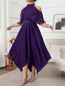 Modelyn Plus Size Elegant Rhinestone Embellished Cold-Shoulder Halter Dress, Summer - Purple - View 5