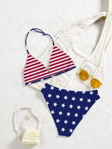 少女五件套泳衣，可调节挂脖上衣和三角泳裤，针织面料，随机星形和线条印花，休闲度假风，夏季海滩泳池派对假日装扮 - 彩色 - 查看 2
