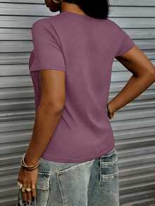 Camiseta casual de verano para mujer de manga corta y cuello redondo en unicolor - Morado - Ver 2