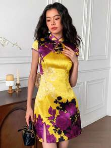 EastFlair Đầm ngắn nữ in hoa, cổ bẻ, thắt eo, thanh lịch cho các buổi hẹn hò và tiệc tùng. - Màu vàng - Xem 5
