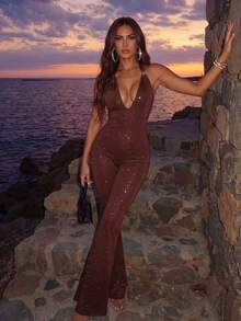 Glamine Women's Sexy Backless Tie-Front Jumpsuit, Suitable For Beach Vacation - Coffee Brown - View 5